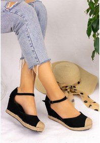 Resim Star Tombis Gerçek Elişi Burnu Hasırlı Keten Siyah Espadril Dolgu Topuk Handmade Siyah 