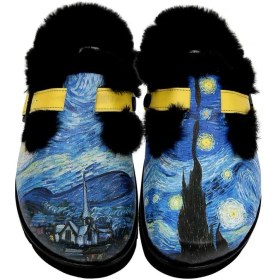 Resim Dogo Kadın Vegan Deri Mavi Içi Peluş Terlik - Vincent Van Gogh The Starry Night Tasarım 