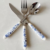 Resim Şık Mavi ve Beyaz Porselen Desenli Seramik Saplı Paslanmaz Çelik Bıçak, Çatal, Kaşık Takımı - Yemek Odası ve Ev Yemekleri için Uygun, Mutfak Eşyaları (3 Parça) 
