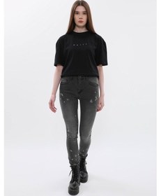 Resim Kadın Yüksek Bel Skinny Fit Dar Paça Benekli Gri Jean Pantolon Çok Renkli 