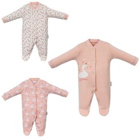 Resim Kuğu Baskılı Kız Bebek Tek Boy Patikli Üçlü Tulum - Somon 