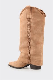 Resim Elle Naturel Deri Kadın Western Çizme 