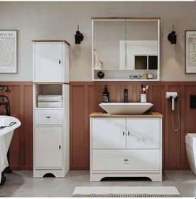 Resim Lavabolu Mdf 80Cm Çekmeceli Banyo Dlp + Aynalı Üst Dlp + Boy Dlp Beyaz - Atlantik Çam 