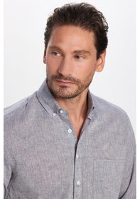 Resim Tudors Erkek Regular Fit Klasik Kesim Pamuklu Keten Doku Düğmeli Yaka Gri Gömlek-32967 Gri 