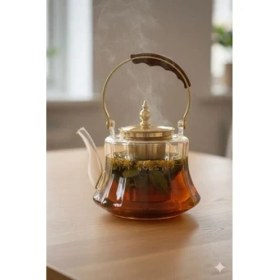Resim Morponi Ahşap Saplı Isıya Dayanıklı Borosilikat Amber Cam Demlik - 1200 ml Süzgeçli Cam Demlik 