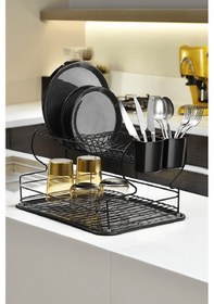 Resim Siyah 2 Katlı Bulaşıklık – Dayanıklı Paslanmaz Metal Tabaklık, Termo Plastik Kaplama, Alt Tepsili - (TB-02 E) 