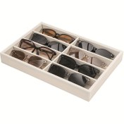 Resim Geniş 8 Bölmeli Organizatör Tepsisi - Açık Erişimli Gözlük, Saat Saklama Kutusu - Bej Kadife Astarlı Bölümler - Üst Üste Konulabilir Takı Sergi Kutusu Ev, Kuaför, Optik Mağaza İçin - Çekmeceli Düzenleyici, Şık Tasarım, Yumuşak Kadife İçi, Moda Tutkunları 