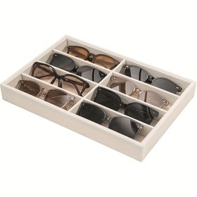 Resim Geniş 8 Bölmeli Organizatör Tepsisi - Açık Erişimli Gözlük, Saat Saklama Kutusu - Bej Kadife Astarlı Bölümler - Üst Üste Konulabilir Takı Sergi Kutusu Ev, Kuaför, Optik Mağaza İçin - Çekmeceli Düzenleyici, Şık Tasarım, Yumuşak Kadife İçi, Moda Tutkunları 