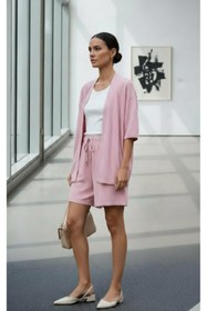 Resim NO 601 Kadın Somon Pembe Bürümcük Dokulu Oversize Kimono ve Beli Lastikli Şort Yazlık İkili Takım 