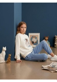 Resim Kız Çocuk Kedi Baskılı Oversize Tasarım Sweatshirt-16487 Ekru 