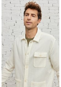 Resim AC&Co / Altınyıldız Classics Erkek Bej Comfort Fit Rahat Kesim Gizli Düğmeli Yaka %100 Pamuk Kışlık Gömlek Ceket Bej 