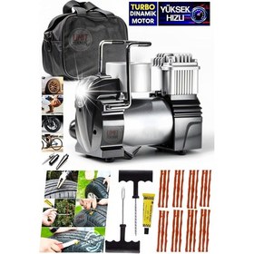 Resim Profesyonel Metal Çantalı Aydınlatmalı 12v Çakmaklı 100 Psı Mini Hava Kompresörü Araç Kompresörü 