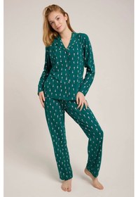 Resim Yeşil Noel Baba Baskılı Düğmeli Pijama Takım Yeşil 