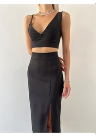 Resim Hgfashion V Yaka Crop Yüksek Bel Yırtmaçlı Midi Etek Duarte Kadın Siyah İkili Takım Siyah 
