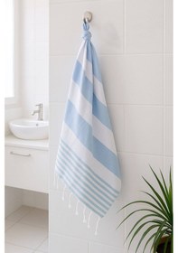 Resim Çizgili Peştemal Plaj Havlusu %100 Pamuk Yıkanmış 100x180 Cm Marenza Mavi 