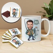 Resim Balık Tutan Adam Karikatürlü Kupa ve Çikolata 