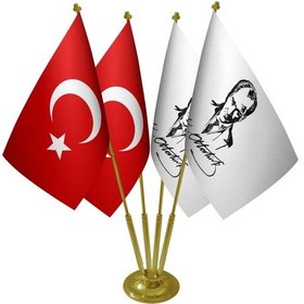 Resim Masa Üstü Atatürk İmzalı Bayrağı Türk Bayrağı Dörtlü Pirinç Direk 