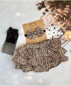 Resim Mini Kids Baby Kız Bebek Leopar Desenli Fırfırlı Şort Etek File Çorap Bandana Takım 