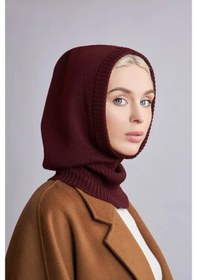 Resim Balaclava Kadın Triko Kar Maskesi Bere Boyunluk Bordo Bordo Standart 