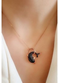 Resim Oniks Taşlı 925Ayar Gümüş Rose Yunus Kolye 