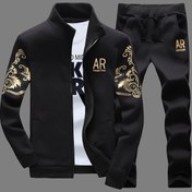 Resim Evde Rahatlama - Erkekler için Rahat Spor Takımı: Çiçek Desenli Dik Yaka Fermuarlı Ceket ve Elastik Bel Jogger Pantolon, Polyester, Siyah & Altın, Koşu ve Evde Rahatlamak için Mükemmel 