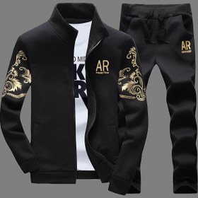 Resim Evde Rahatlama - Erkekler için Rahat Spor Takımı: Çiçek Desenli Dik Yaka Fermuarlı Ceket ve Elastik Bel Jogger Pantolon, Polyester, Siyah & Altın, Koşu ve Evde Rahatlamak için Mükemmel 