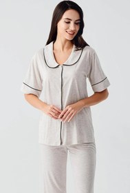 Resim Bebe Yaka Düğmeli Kısa Kollu Esnek Pamuklu Pijama Takım 17201 - Gri / XL 