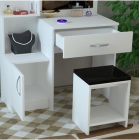 Resim Aeka Ae-4002 Novella Puflu Aynalı Makyaj Masası, Dolaplı, Çekmeceli, Raflı, Beyaz, Minderli, Tuvalet 