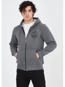Resim Barlashive Erkek 3 İplik Pamuklu Fermuarlı Kapüşonlu Kanguru Cepli Baskılı Hoodie Hırka Sweatshirt - Füme Çok Renkli 