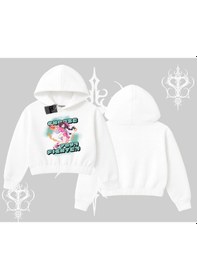 Resim Kapşonlu Crop Sweatshirt Oversize Anime Kız Desenli Japon Stil Beyaz 