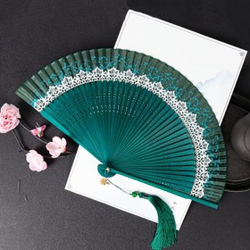 Resim Geleneksel Çin Tarzı Dantel El Yelpazesi, Taşınabilir Katlanabilir Yelpaze, Japon İlhamlı Bambu El Yapımı Yelpaze, Vintage Kültürel Hediye, Kişisel Kullanım İçin Cep Yelpazesi 