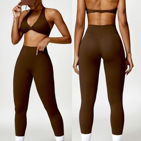 Resim 2 adet Düz Renk Hızlı Kuruyan Sıkı Yoga Fitness Seti, Seksi Sırtı Açık Spor Sütyeni ve Yüksek Bel Kalça Kaldırma Koşu Taytı Seti, Kadınlar için Egzersiz Kıyafeti, Tüm Mevsimler, Orta Esneklik, Uzun Boy, Kemersiz, Normal Kalıp, Spandeks Malzeme, Kadınlar için 