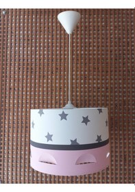 Resim 47 Yıldızlı Pembe 2.li Set Çocuk Ve Genç Odası Avize Ve Abajur Beyaz - Pembe 