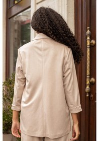 Resim Kadın Süet Dokulu Kumaş Yakalı Capri Kol Cep Kapaklı Blazer Ceket-bej Bej 