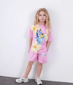 Resim Kız Çocuk Pembe Bluey Desenli Şortlu Takım 