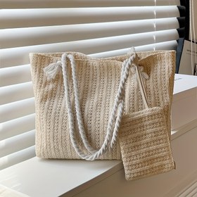 Resim Kadın Modası Dokuma Tote Çanta, Büyük Kapasiteli Omuz Çantası ve Eşleşen Clutch 
