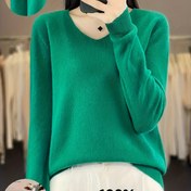 Resim Kadınlar için %100 Yün V-Yaka Uzun Kollu Kazak - Yumuşak Sıcak Günlük Kışlık Üst, Düz Renk, Elde Yıkama/Kuru Temizleme, Sonbahar Kış Modası, Kazak 