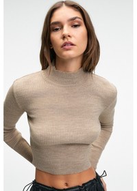 Resim Grimelange CALIDA Kadın Dik Yaka Fitilli Görünümlü Slim Fit Triko Bej Kazak 