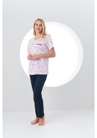 Resim Pjs Kadın Desenli Önden Düğmeli Kısa Kollu Pijama Takım Beyaz 