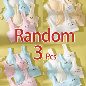 Resim Çıkarılabilir Pedli 3'lü Sevimli Karikatür Kız Eğitim Sütyenleri, Nefes Alabilen Pamuk Karışımı Atlet Stili 8-13 Yaş İçin - Pastel Renkler (Pembe, Mavi, Bej) - Makinede Yıkanabilir, Rahat ve Günlük Kıyafetler İçin Uygun 