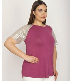 Resim Şans Kadın Büyük Beden Mor Kolları Payet Detaylı Bisiklet Yakalı Bluz 65n36882-mor Mor 