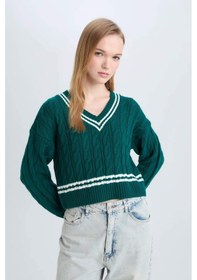 Resim DeFacto Coool Regular Fit V Yaka Saç Örgülü Çizgili Triko Kazak C7321AX24WNGN953 
