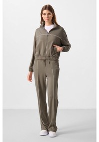 Resim Koyu Bej Yumuşak Dokulu Dik Yaka Oversize Lastikli Kadın Eşofman Takım - 95349 Koyu Bej 