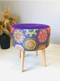 Resim WEBPANYA Gürgen Retro Ahşap Ayaklı Dekoratif Etnik Desenli Puf Bench Koltuk Sandalye 