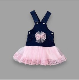 Resim 2-3-4 Yaş Fiyonklu Düğme Detaylı Tül Etek Kot Kumaş Salopet Kız Çocuk Elbisesi Lacivert-pembe Lacivert-pembe 