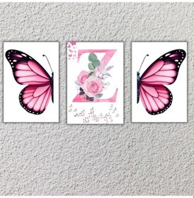 Resim Kız Çocuk Odası İçin Pembe Kelebek Ve Harf Tasarımlı Çerçevesiz Duvar Posteri 