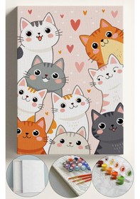 Resim Sayılarla Boyama Seti Numaralı Tuval Fırça Boya 40x50 Cm - Sevimli Kediler 