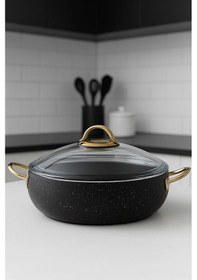Resim Yunusoğlu Home 28 Cm Basık Güveç Tencere 3.5 Litre, Gold Kulplu 