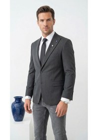 Resim Plus Scorpion Erkek Blazer Ceket Twill Puntolu Kırlangıç Yaka 2 Düğmeli Çift Yırtmaçlı Slim Fit Füme 