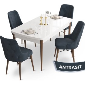 Resim Canisa Concept Ahu Serisi 80 x 132 cm Açılabilir Masa Beyaz Masa Ceviz Ayak Mutfak Masa Takımı 4 Sandalye 
